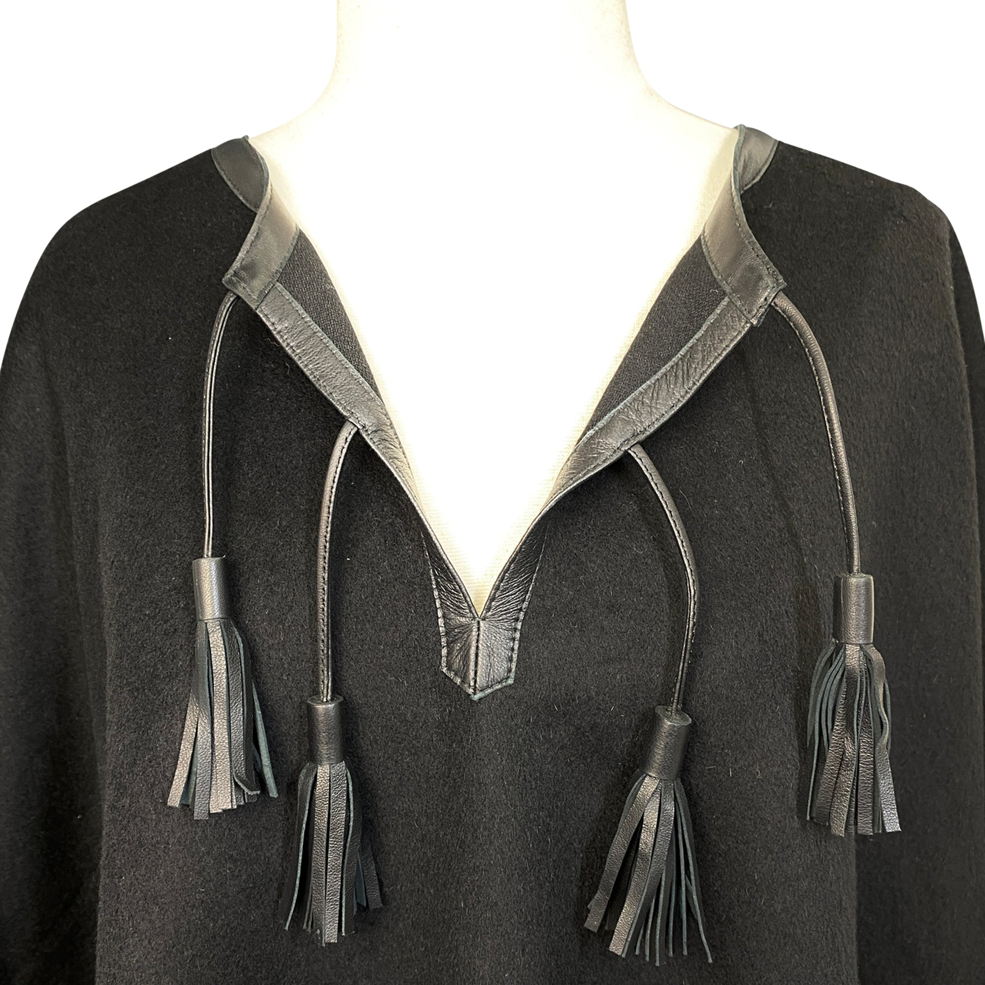 Stick & Ball Tassel Alpaca Poncho in Black