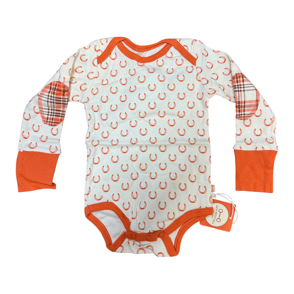 Mini Britches Long Sleeve Onesie in Orange Horse Shoe