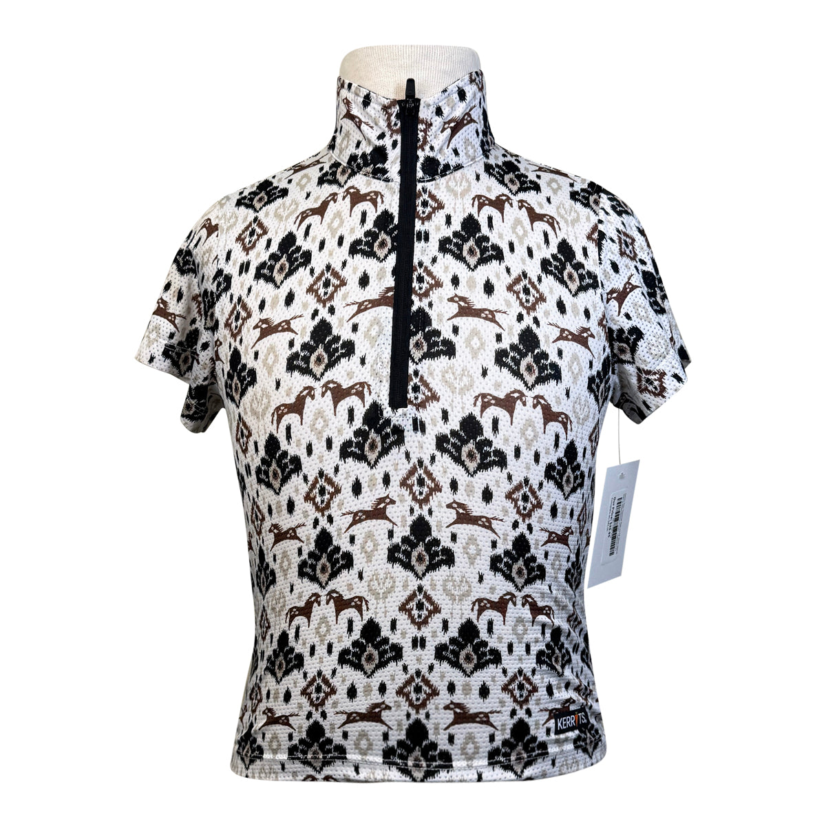 Kerrits Kids 'Summer Ride Ice Fil' Short Sleeve Shirt in White/Brown Horses - Children's XS
