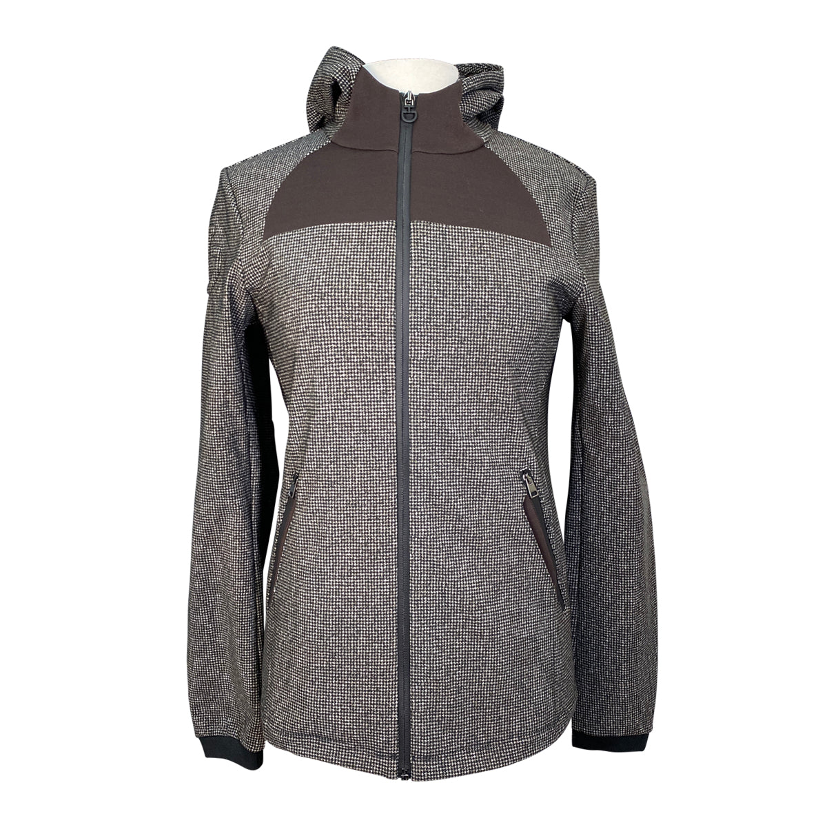 Front of Cavalleria Toscana Hooded Jacket w/Piquet Inserts in Brown Houndstooth - Women's XS