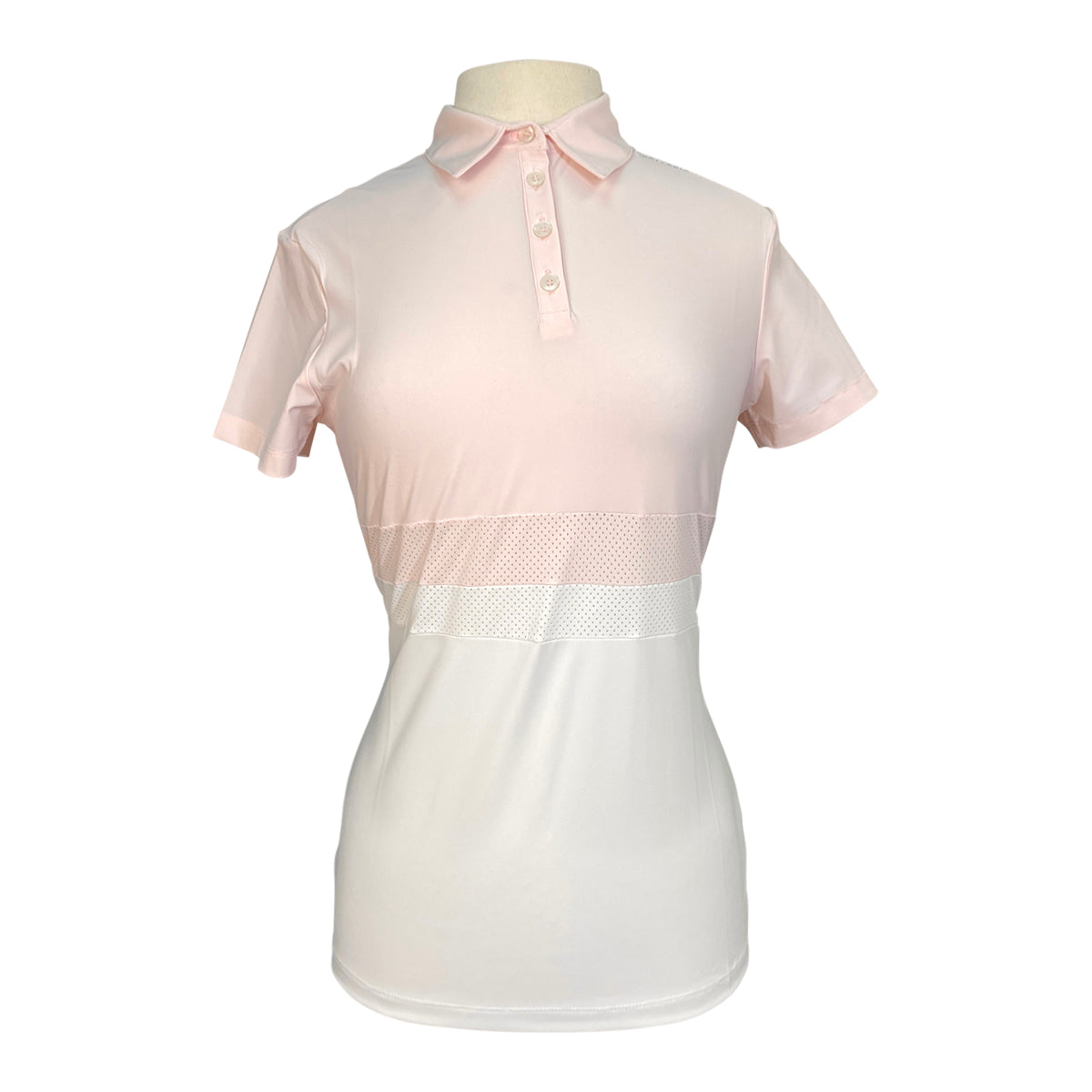 Front of Cavalleria Toscana Perforated Striped Jersey Short Sleeve Training Polo in Rose/White - Women's Small
