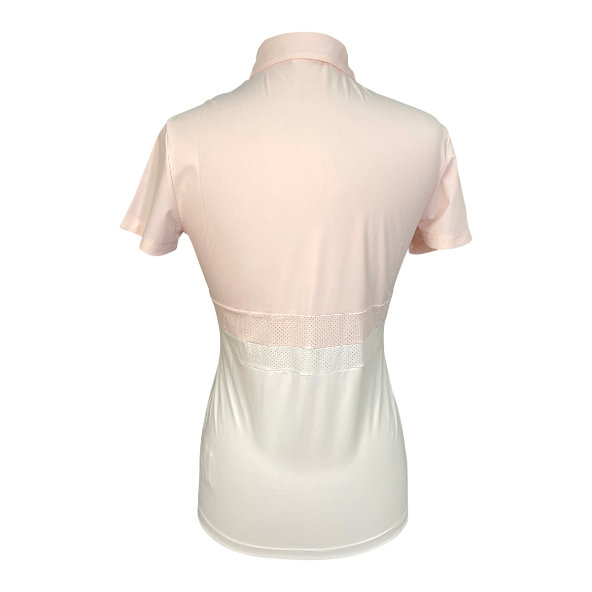 Back of Cavalleria Toscana Perforated Striped Jersey Short Sleeve Training Polo in Rose/White - Women's Small