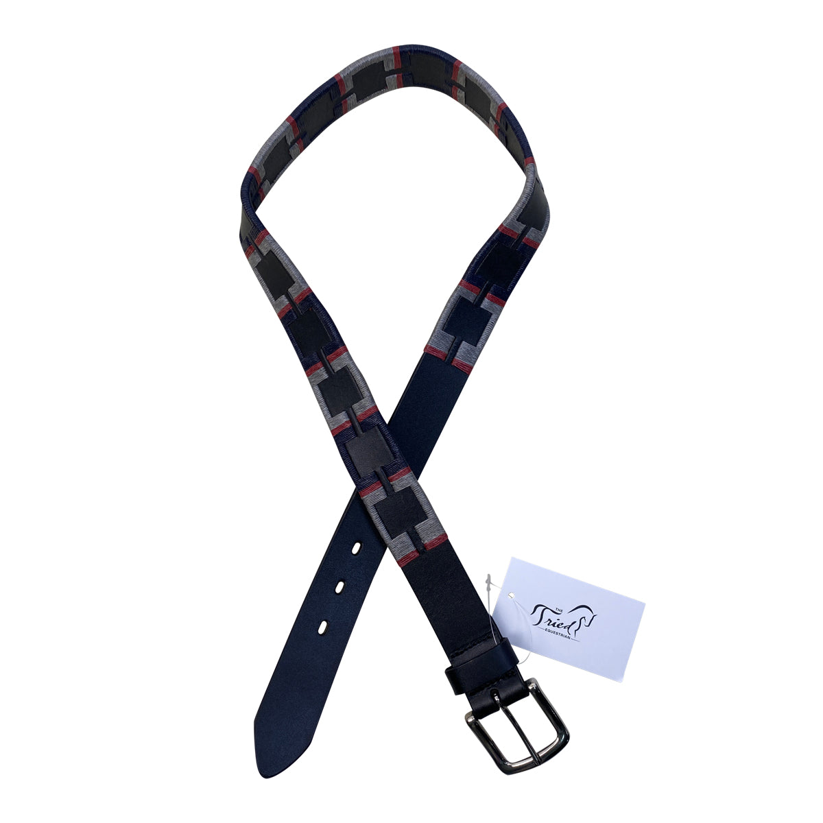 Kastel Denmark Woven Leather Belt in Black w/Navy, Red, & Silver