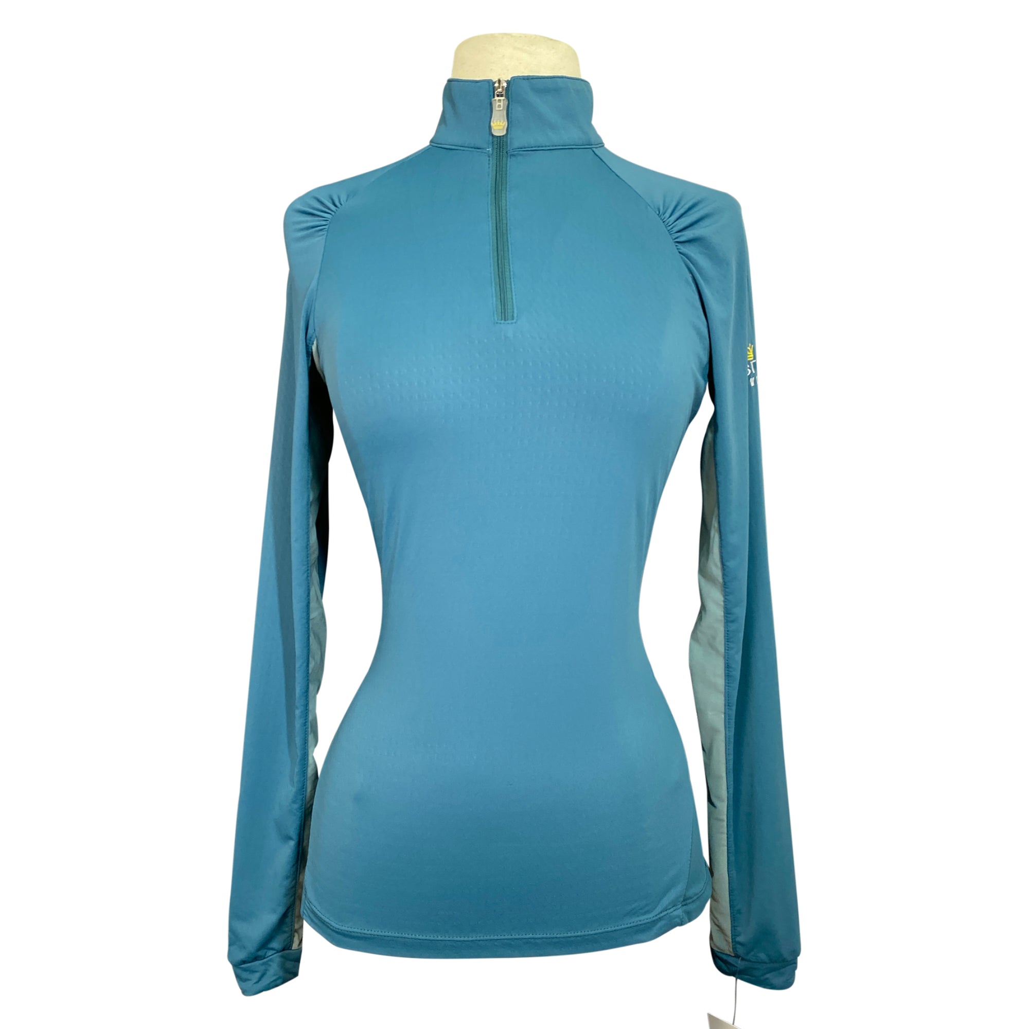 Front of Kastel Shirred Shoulder 1/4 Zip Long Sleeve Shirt in Teal - Women's XS