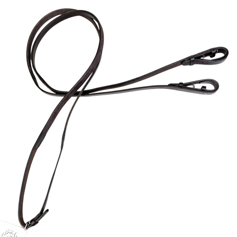 Rolled Leather Rubber-Lined Reins w/Stops in Black - Full