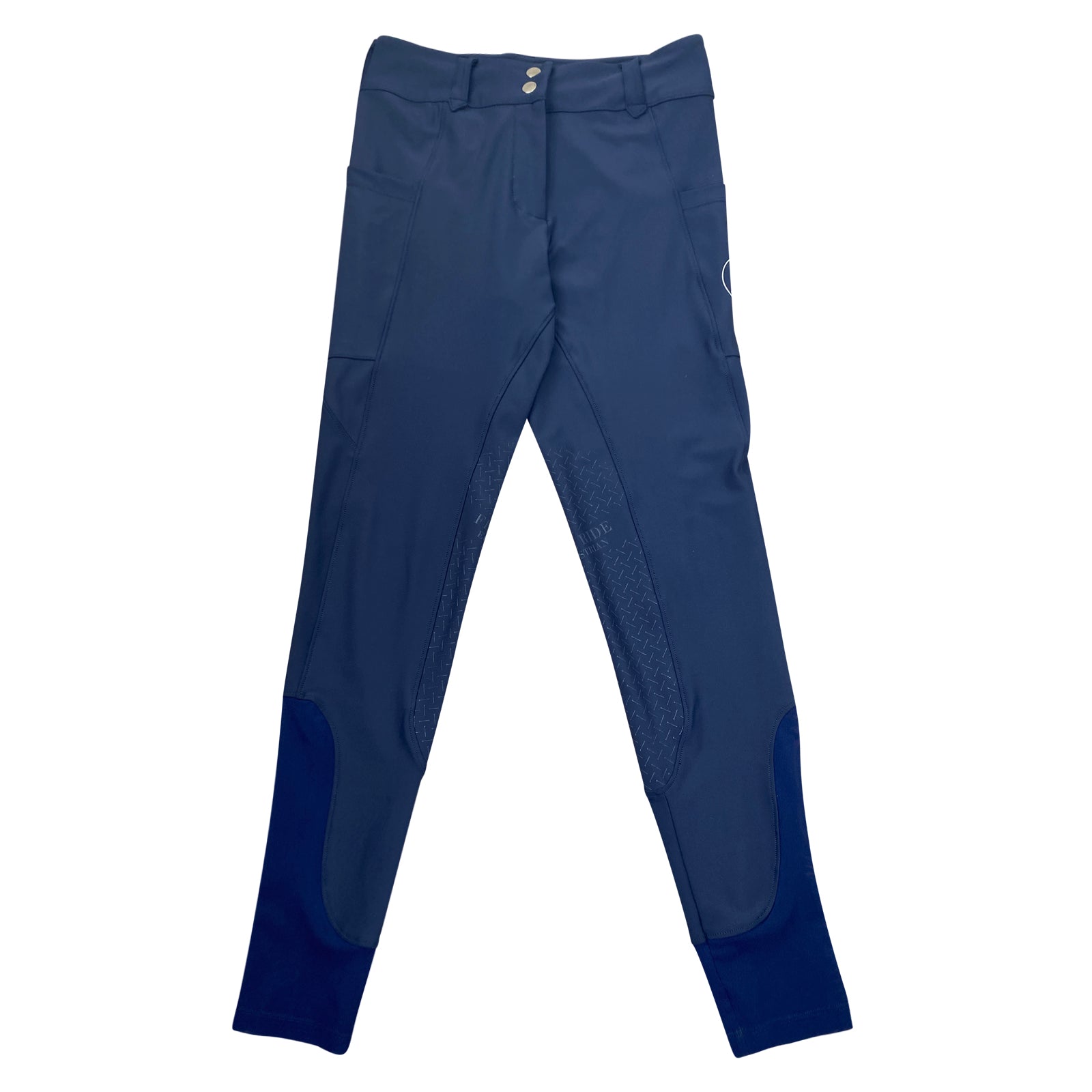 Front of Free Ride Equestrian 'Lux' Knee Grip Breech in Navy - Women's XXS