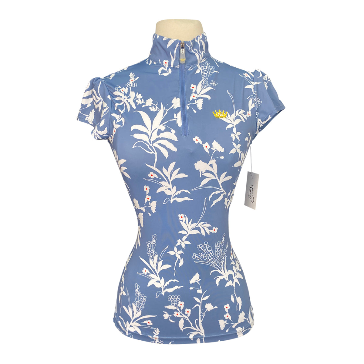 Front of Kastel Shirred Cap Sleeve in Light Blue Floral - Women's Small