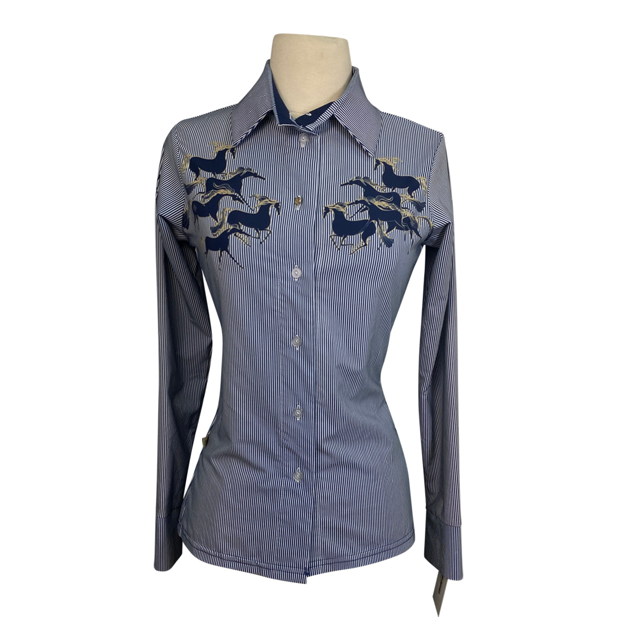 Espoir L/S Button Running Horses in Blue/White Stripes