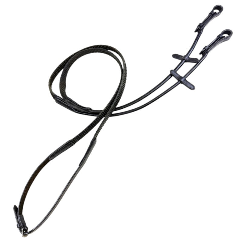Rolled Leather Rubber Reins w/ Stops in Black 