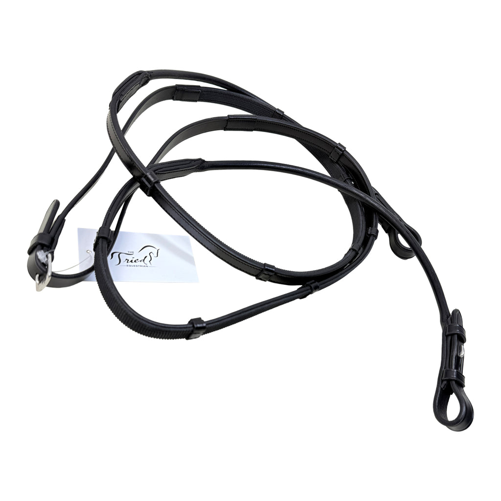 Rolled Leather Rubber-Lined Reins w/Stops in Black - Full