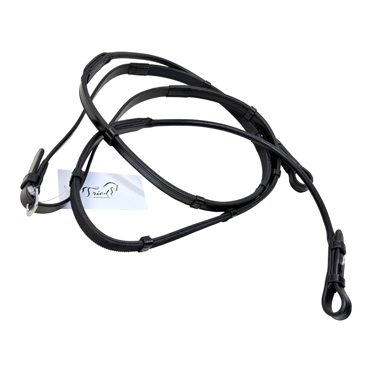 Rolled Leather Rubber-Lined Reins w/Stops in Black - Full