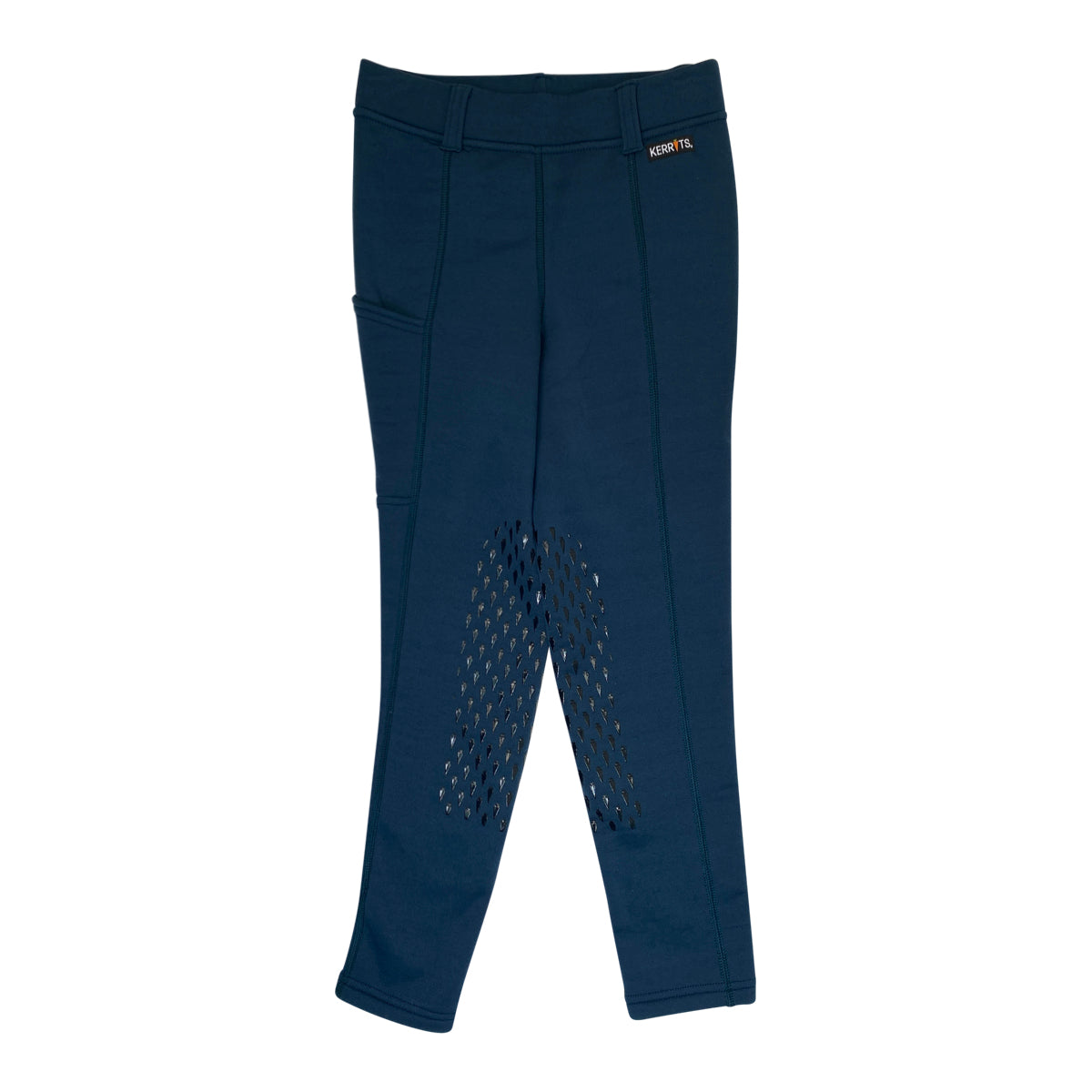 Navy blue riding pants with a brand logo on a white background