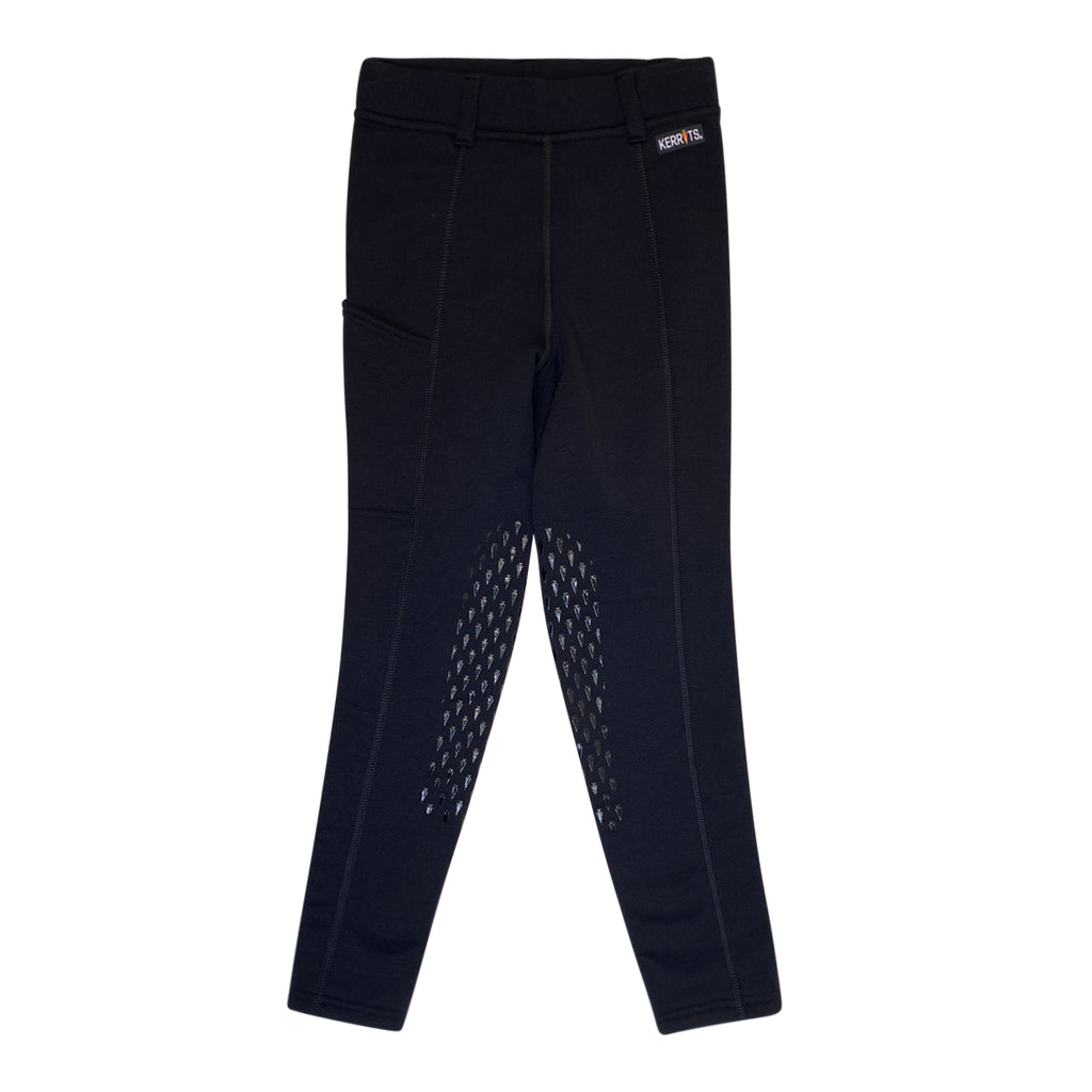 Black riding pants with logo on white background. 