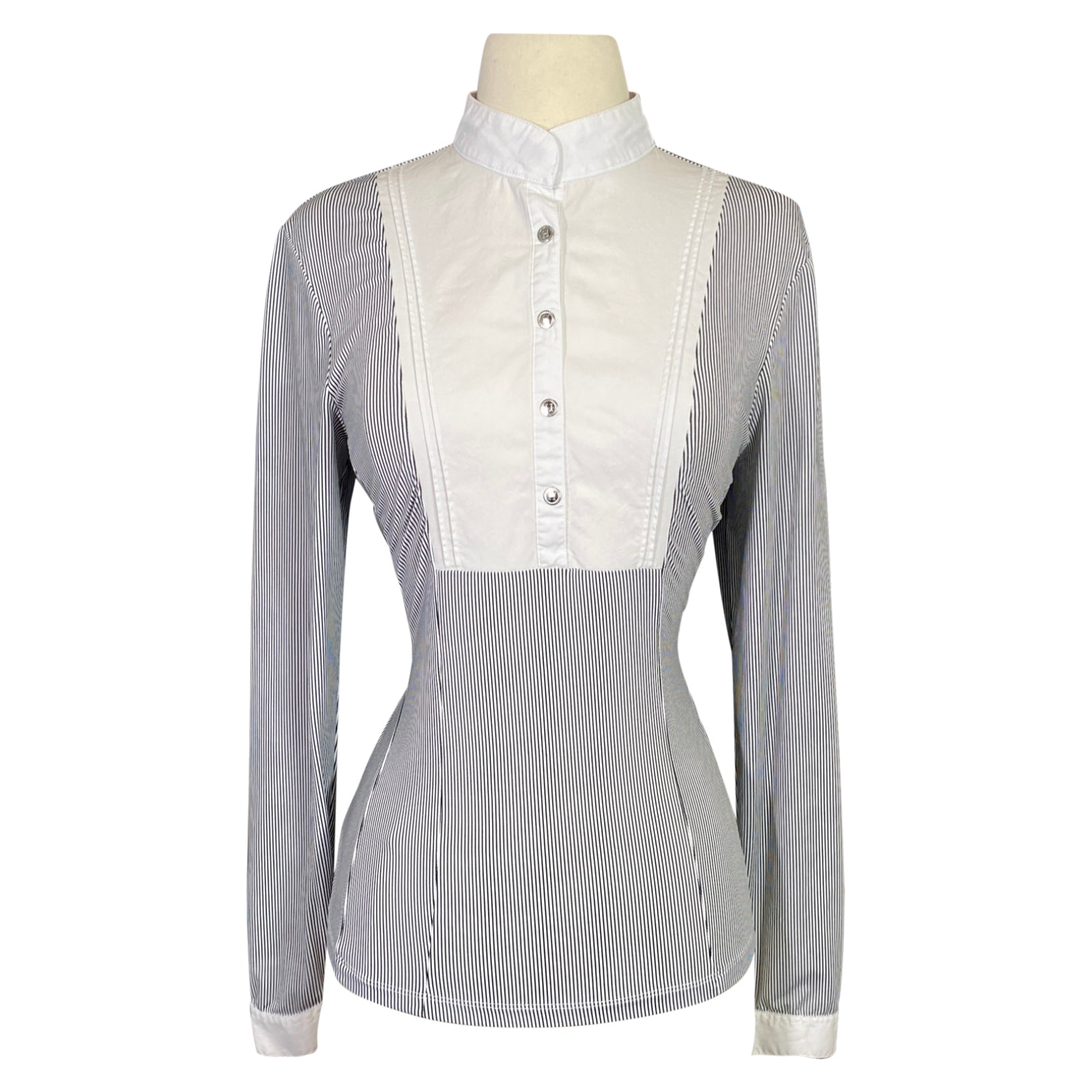 Front of Harcour 'Annie' Long Sleeve Show Shirt in Black/White Stripes - Women's Medium