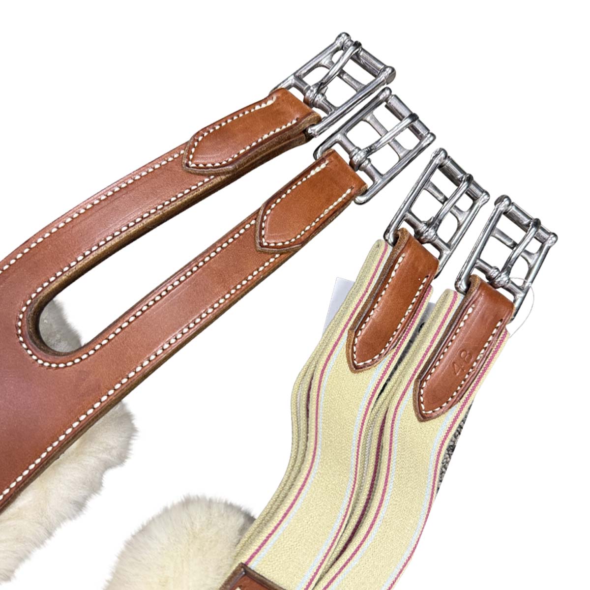 Sheepskin Lined Fancy Stitched Leather Girth in Chestnut