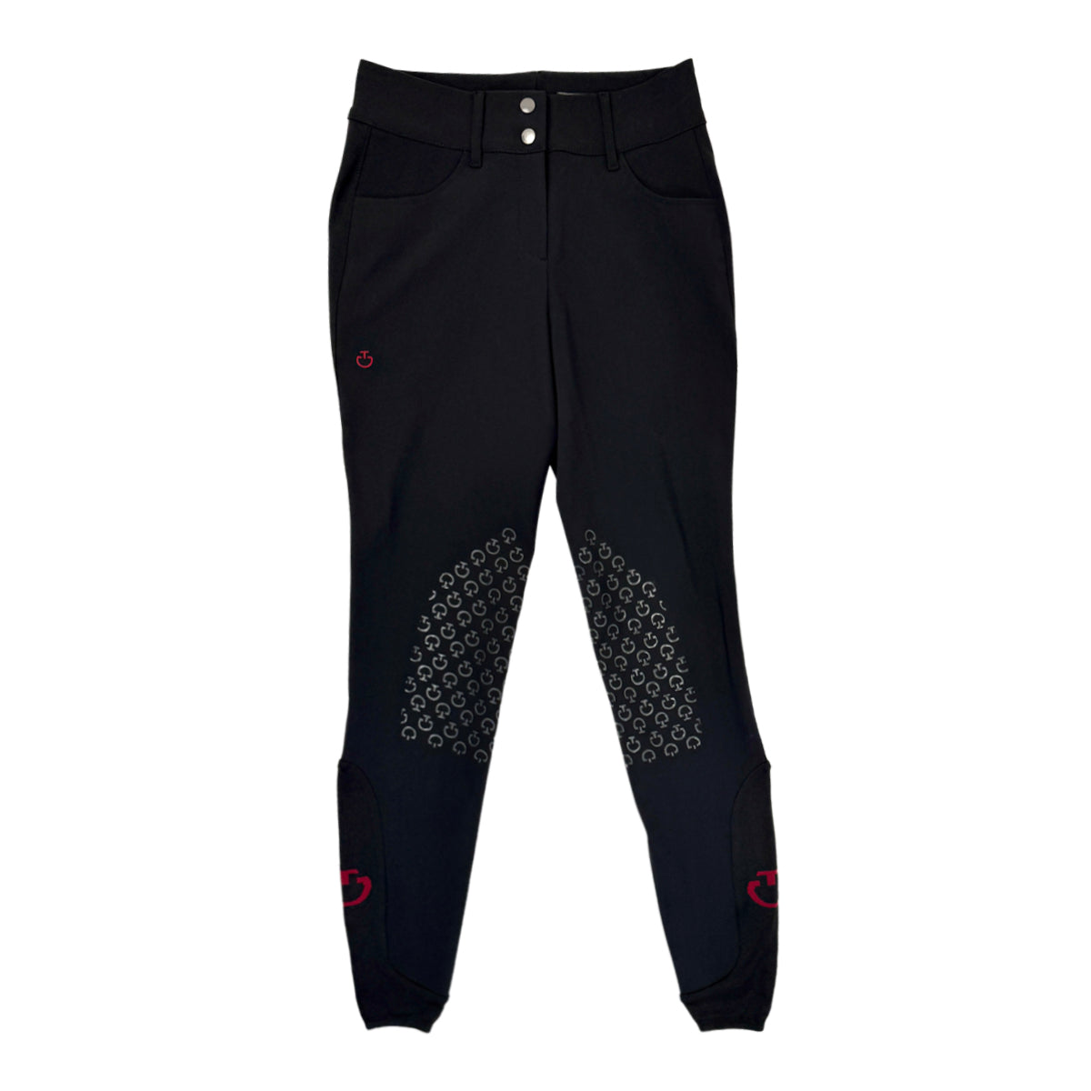 Front of black riding pants on white background. 