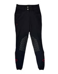 Front of black riding pants on white background. 