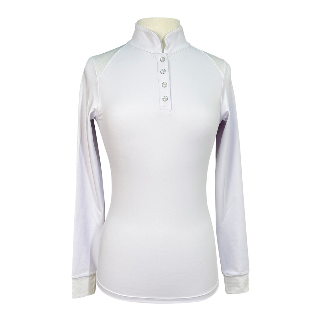 Front of Free Ride Equestrian 'Devon' Long Sleeve Competition Top in White - Women's Medium