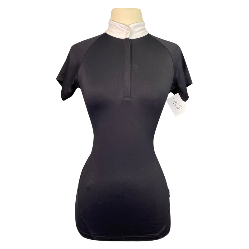 Black short-sleeve top on a mannequin with a white background