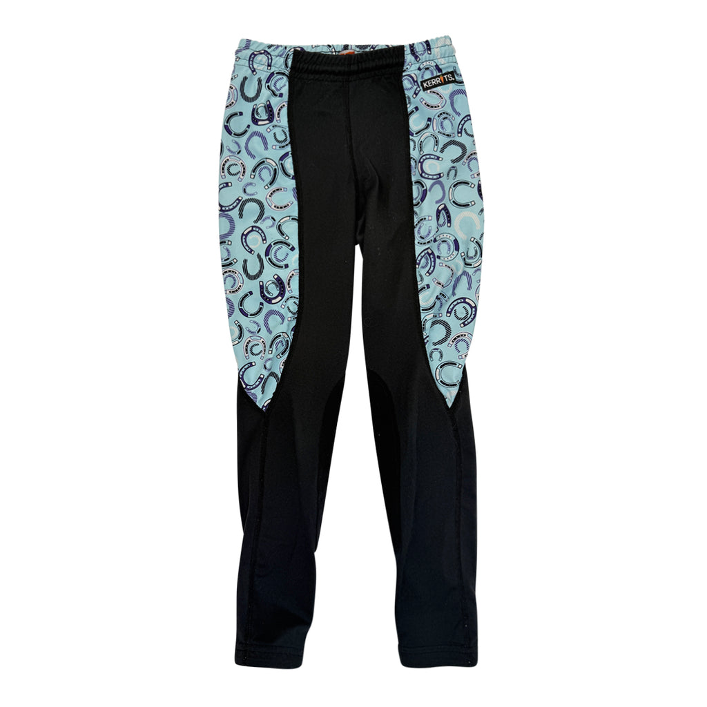 Kerrits Kids Performance Knee Patch Pocket Tights in Blue/Black Horseshoes 