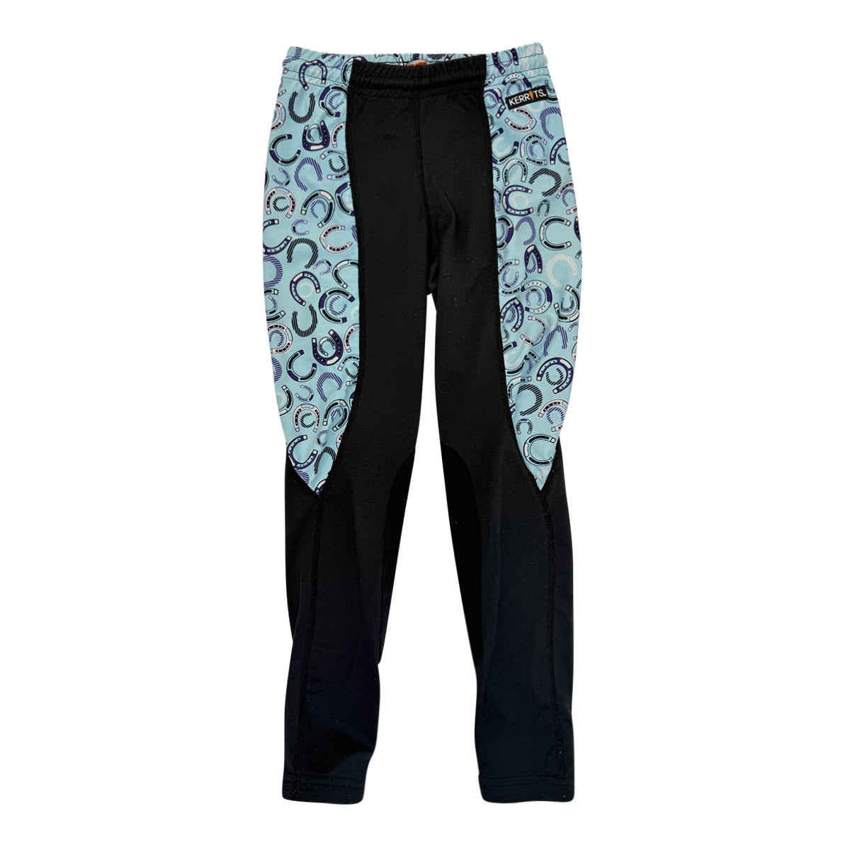 Kerrits Kids Performance Knee Patch Pocket Tights in Blue/Black Horseshoes 
