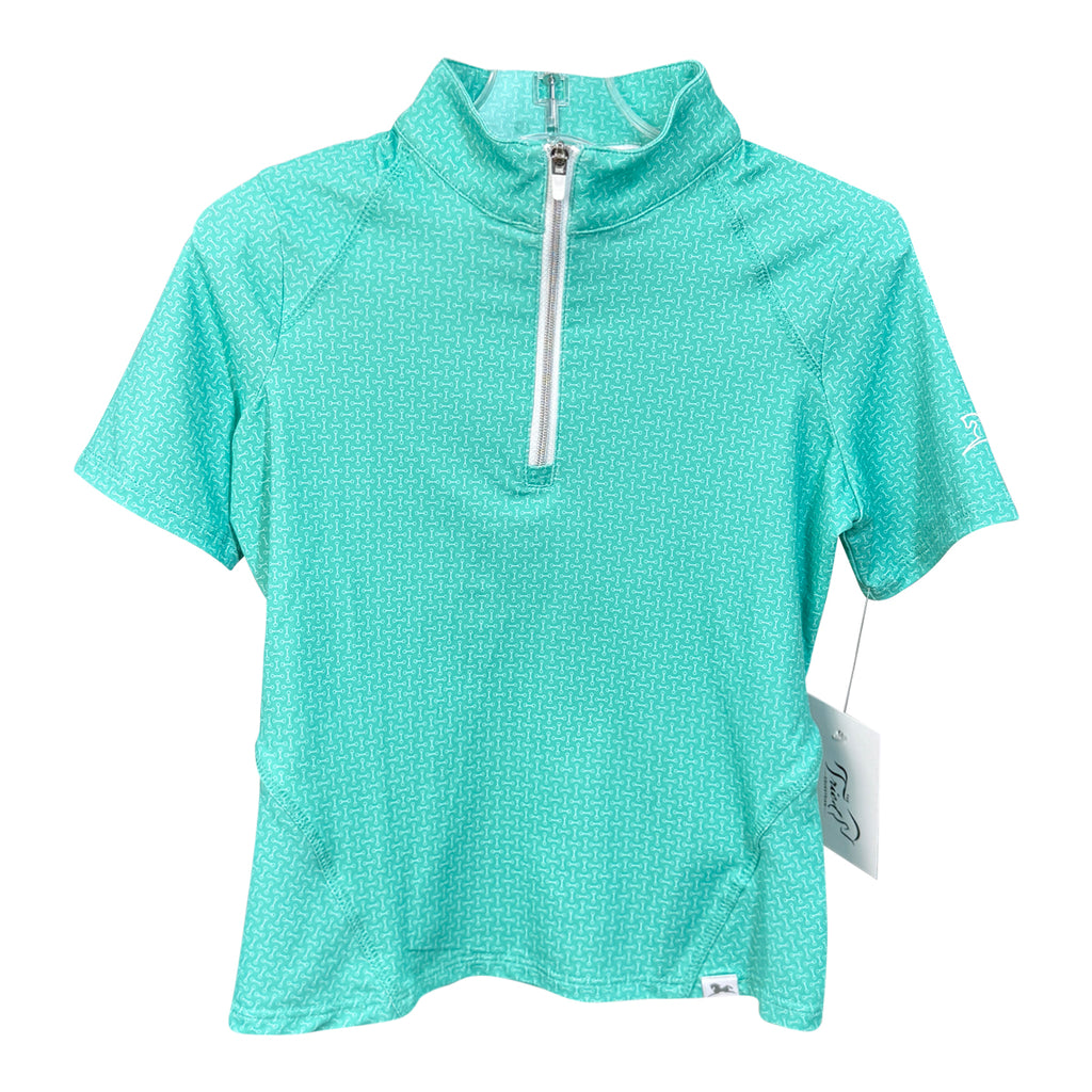 Turquoise short-sleeve shirt with a quarter zip on a white background