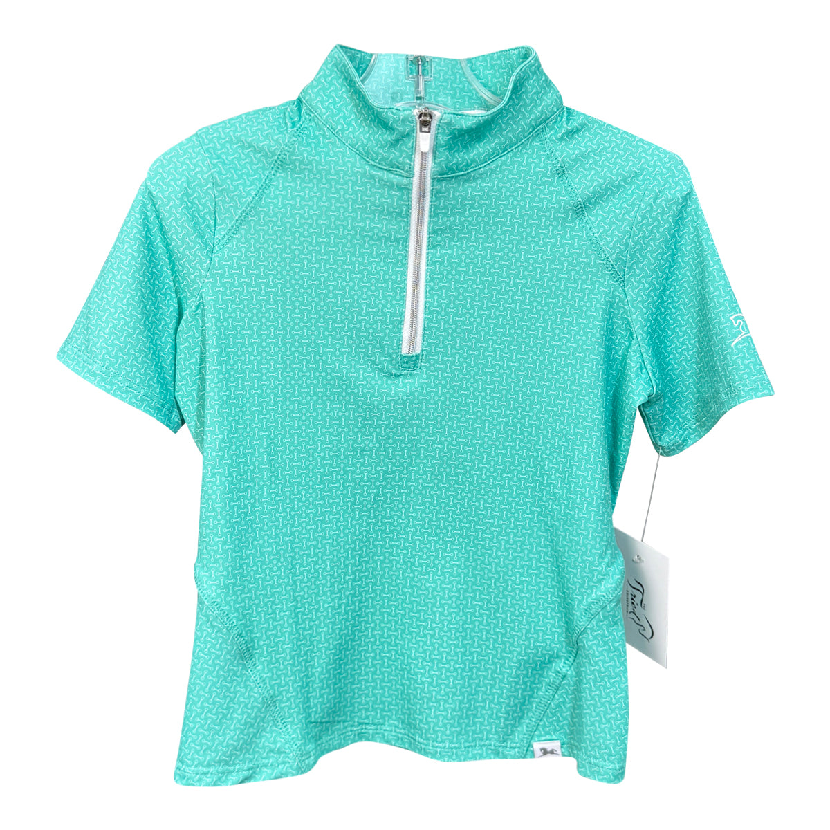 Turquoise short-sleeve shirt with a quarter zip on a white background