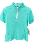 Turquoise short-sleeve shirt with a quarter zip on a white background