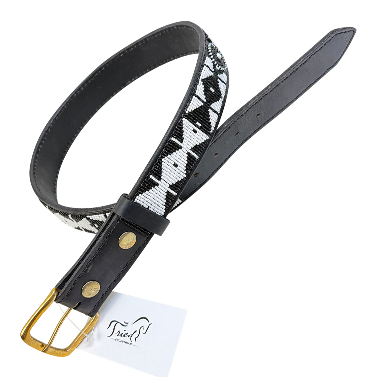 Beaded Leather Belt w/Gold Buckle in Black/White - Women display picture 1