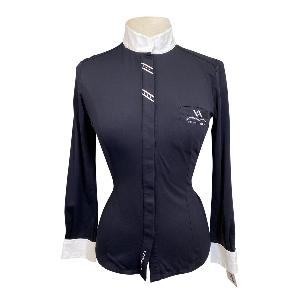 Black shirt with white collar and cuffs on a mannequin against a white background