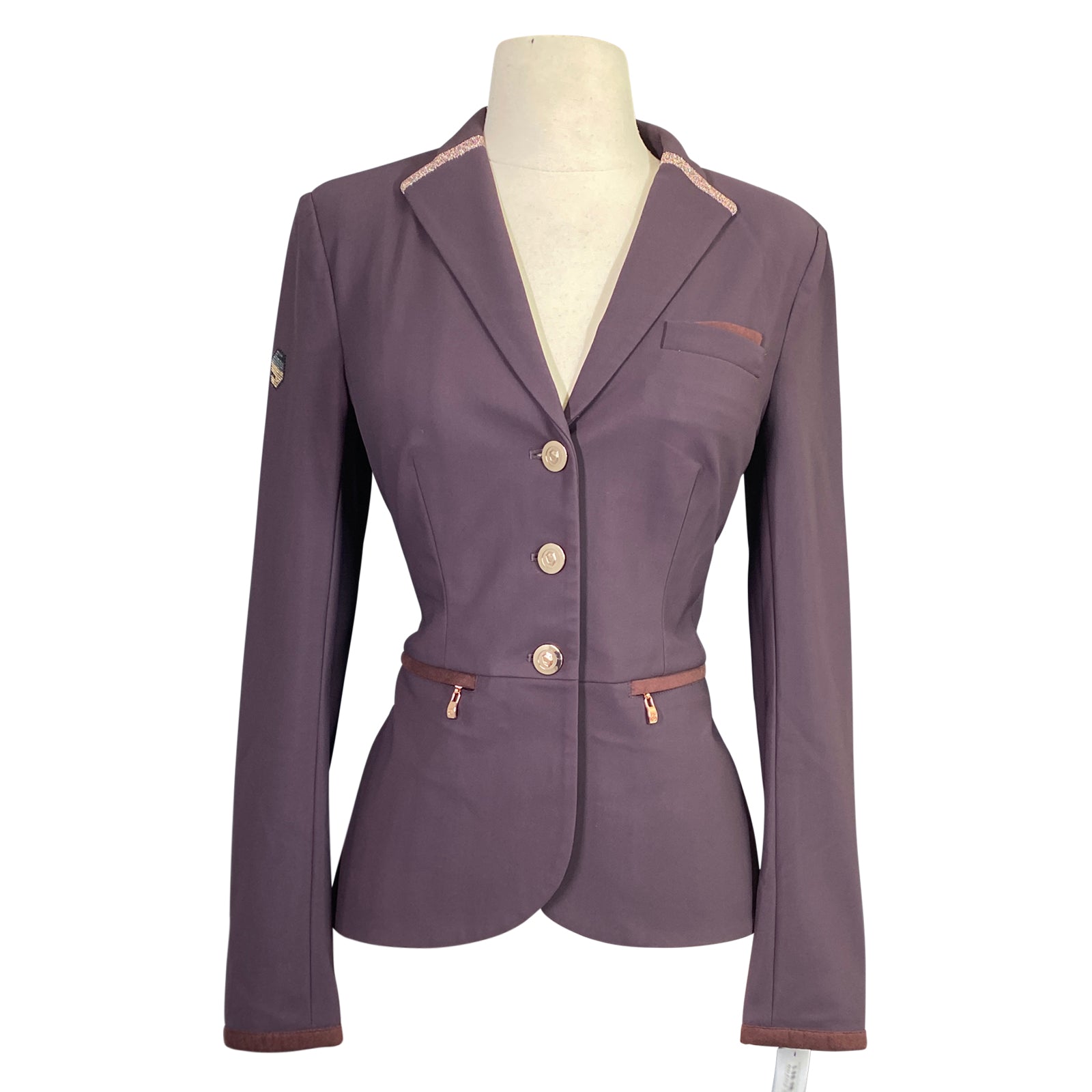 Front of Samshield 'Victorine' Crystal Fabric Competition Jacket in Aubergine/Rose Gold