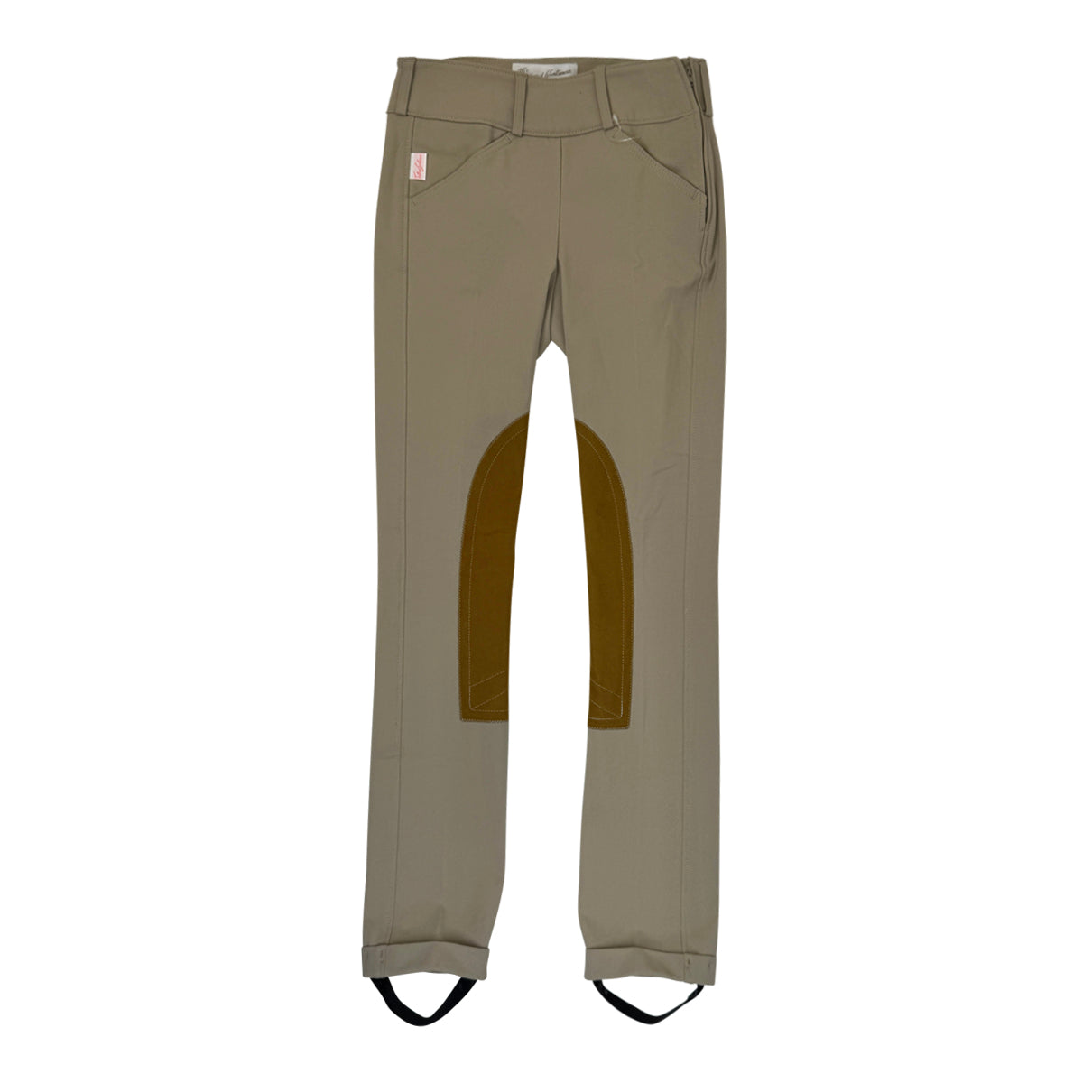 Khaki riding pants with brown patch on a white background