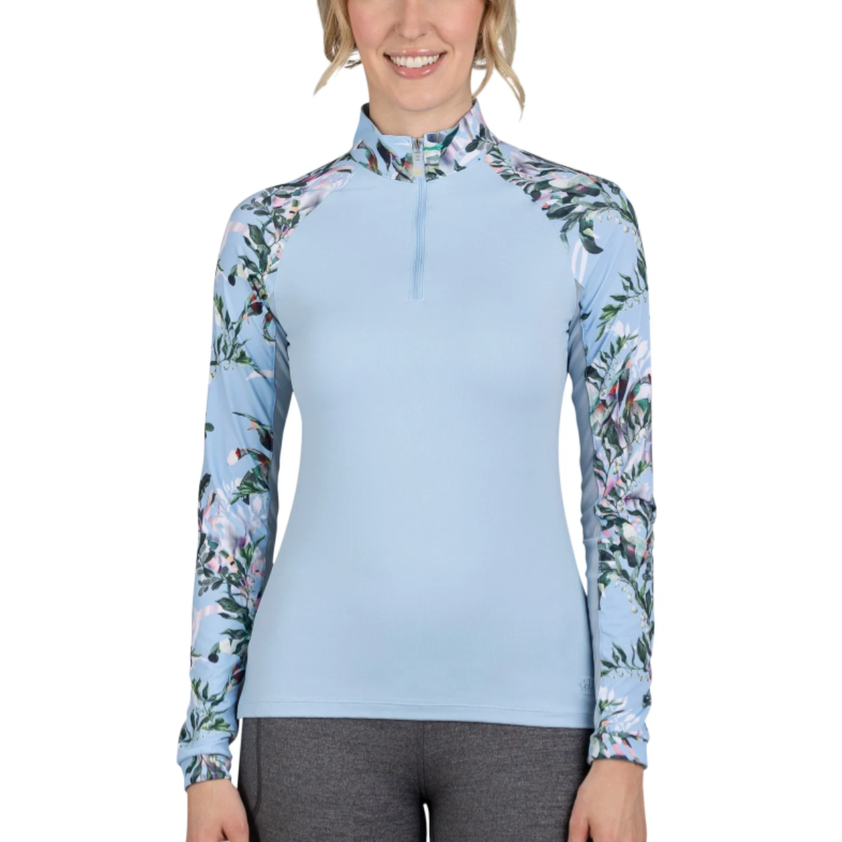 Kastel Long Sleeve 1/4 Zip Raglan Shirt in Canal Blue/Florals