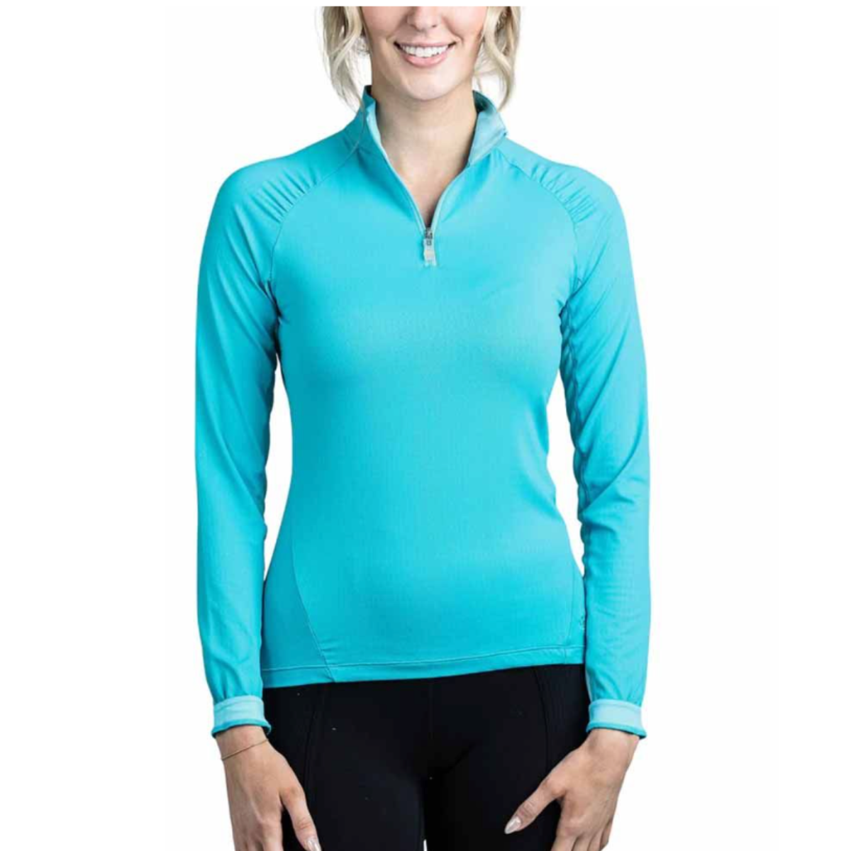 Kastel Shirred Shoulder 1/4 Zip Long Sleeve Shirt in Turquoise