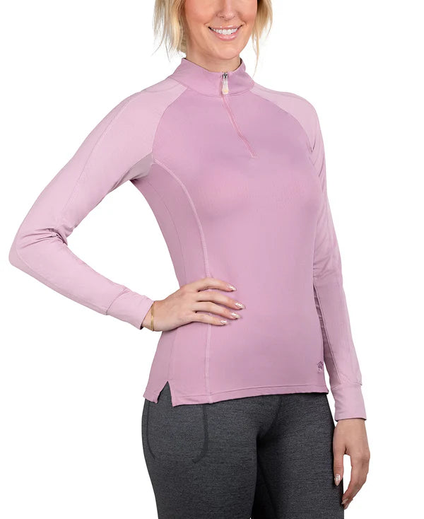 Front of Kastel Long Sleeve Topstitched Raglan Top in Orchid Haze & Mauve Mist - Women's XL