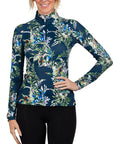 Front of Kastel Long Sleeve 1/4 Zip in Sailor Blue Botanical - Women's XS