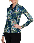 Front of Kastel Long Sleeve 1/4 Zip in Sailor Blue Botanical - Women's XS