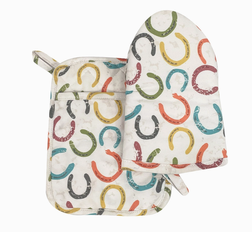 AWST INT'L Oven Mitt and Pott Holder Set in Colorful Horseshoes - One Size