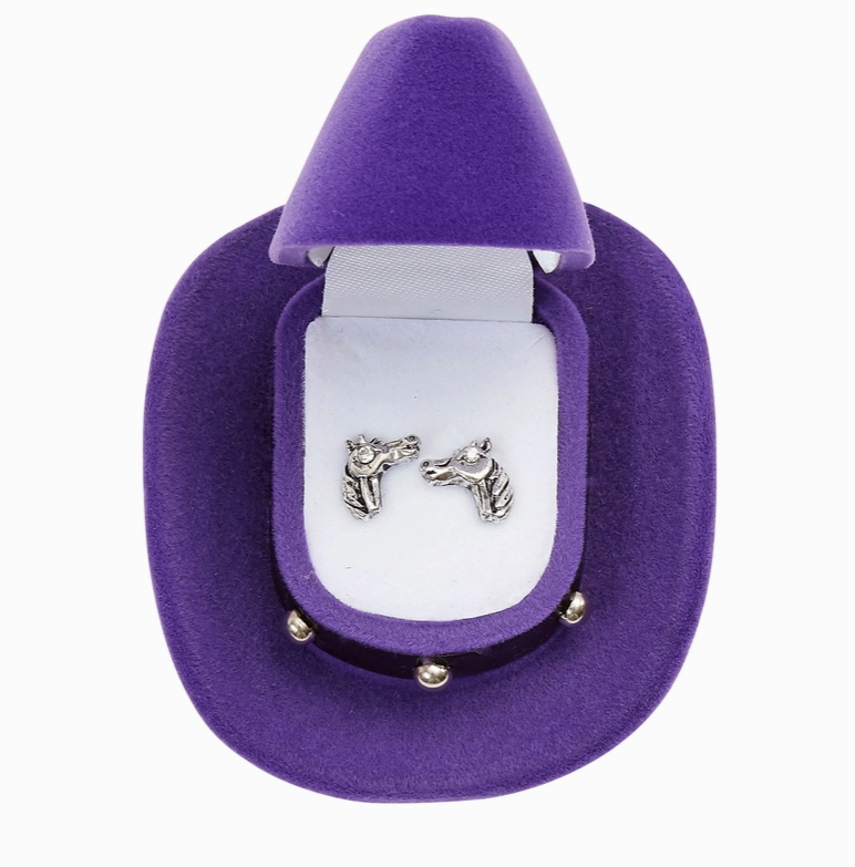 AWST Int'l Horse Head Earrings in Purple Cowboy Hat Box in Silver/Purple - One Size