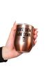 Rose gold tumbler with 'Horse Show Wine Down' text held by a hand on a white background