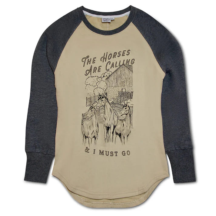 Long sleeve crew neck sweat shirt on white background.