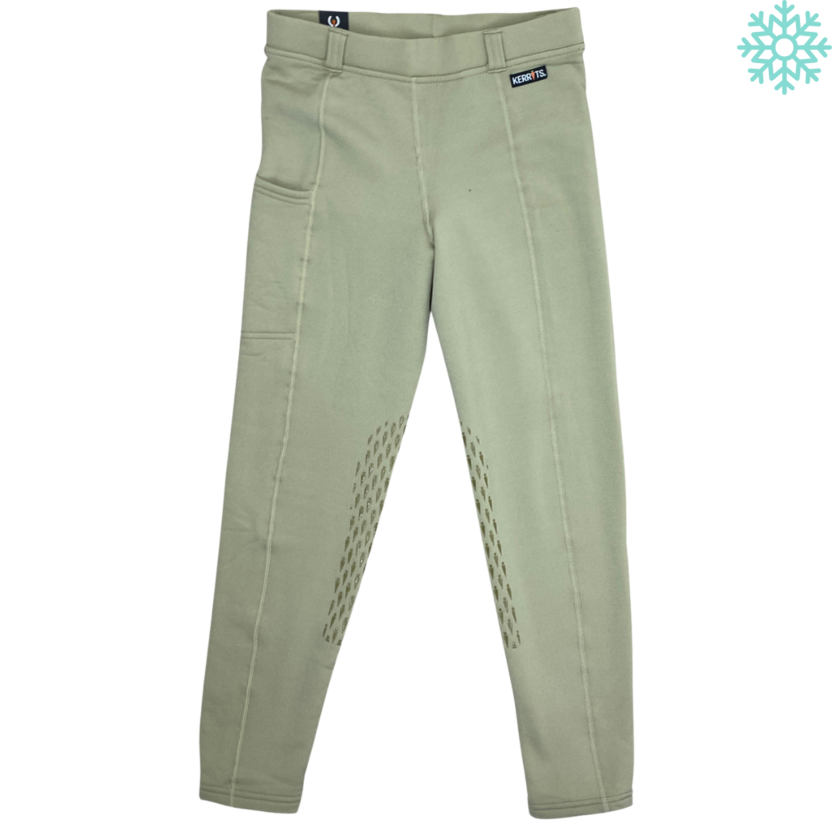 Green riding pants with a brand label on a white background