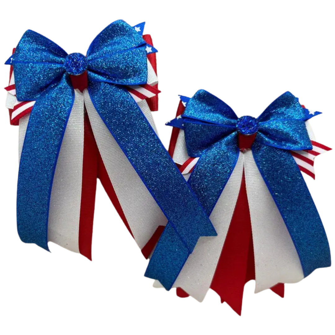 Benny Bows Horse Show Bows in Red White & Blue Glitter