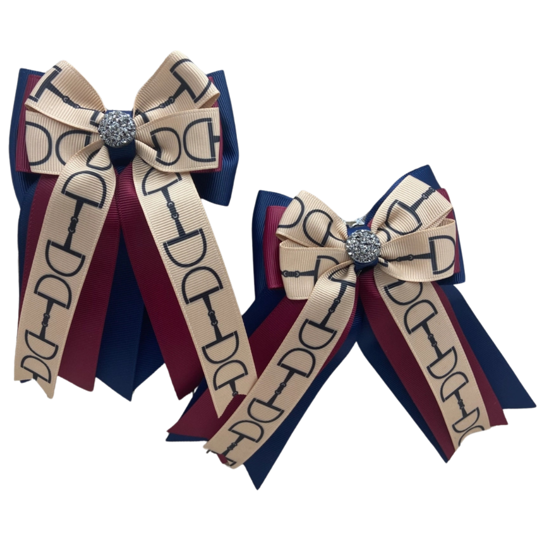 Benny Bows Horse Show Bows in Tan Bits w Navy & Red