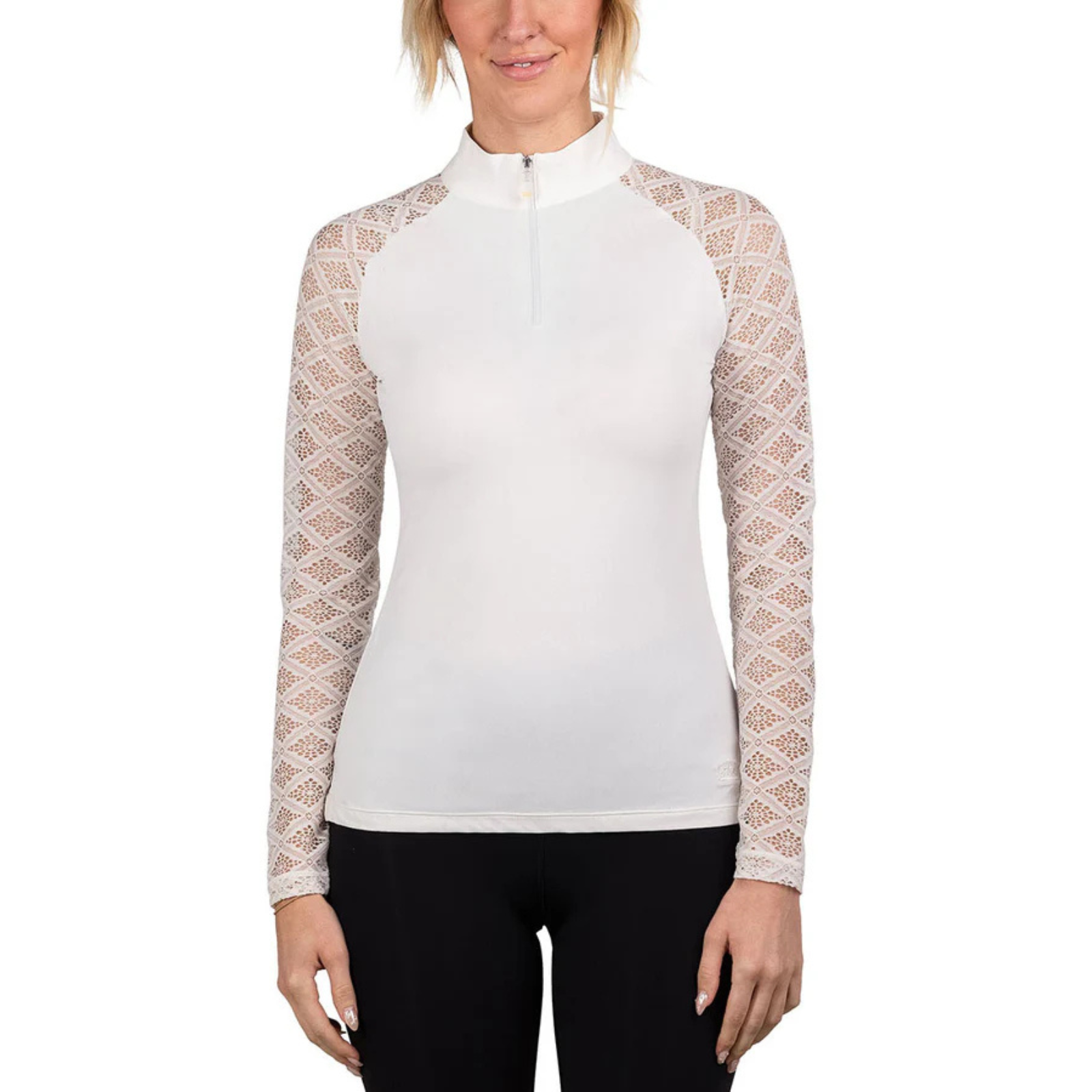 Front of Kastel Long Sleeve Lace Raglan 1/4 Zip Top in White - Women's Small