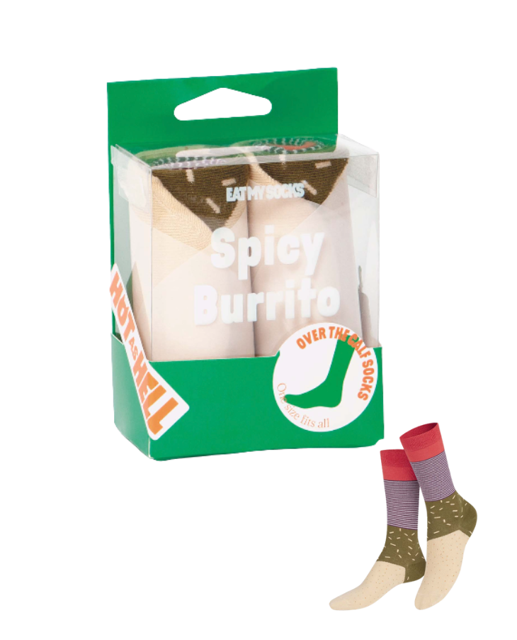 Packaged socks with a humorous design of a burrito and spicy text, on a white background.