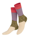 Colorful socks with patterned design on a white background