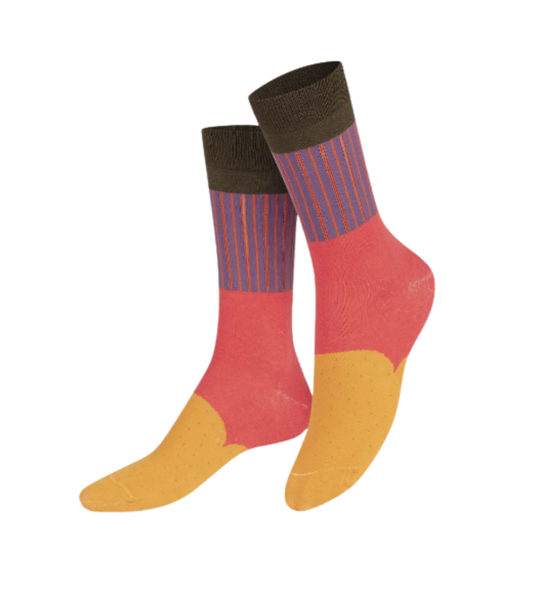 Colorful sock with red, orange, and brown design on a white background
