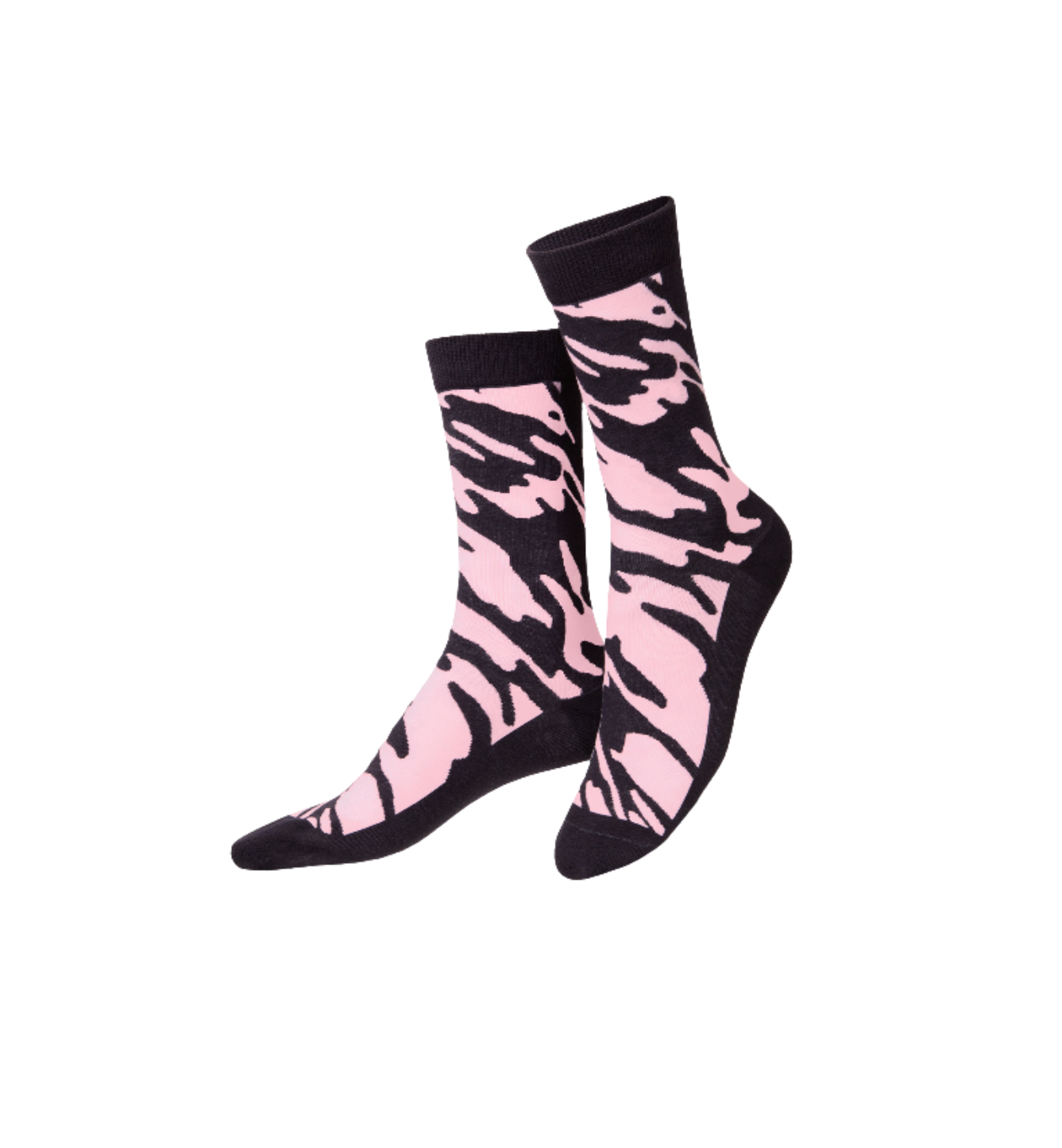 Pair of pink and black zebra pattern socks on a white background