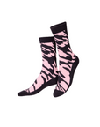Pair of pink and black zebra pattern socks on a white background